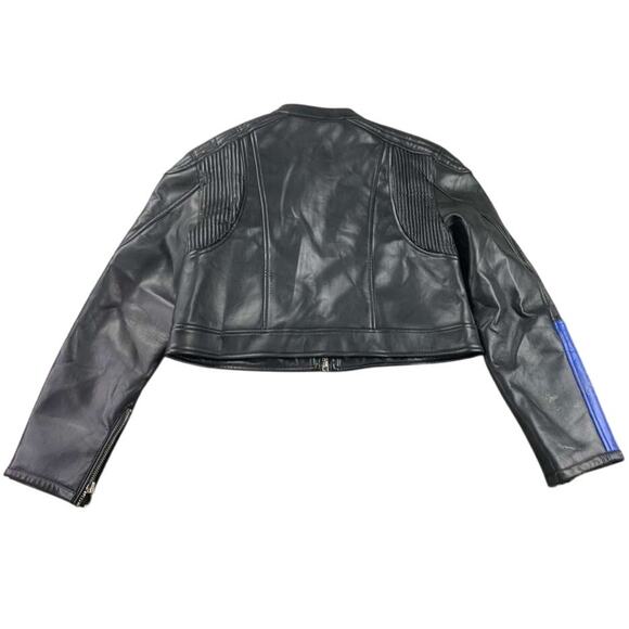 Lioness Moto Biker Jacket Women M Black Blue Faux Leather Cropped Colorblock Zip - Picture 2 of 11